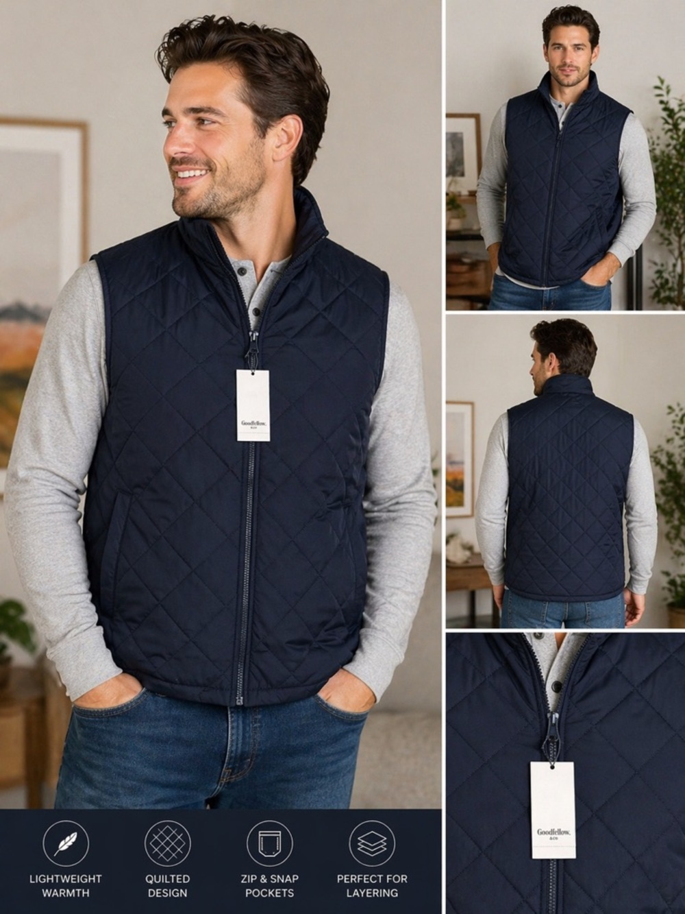 Goodfellow & Co Quilted Puffer Vest Navy Blue Full Zip XXL NWT